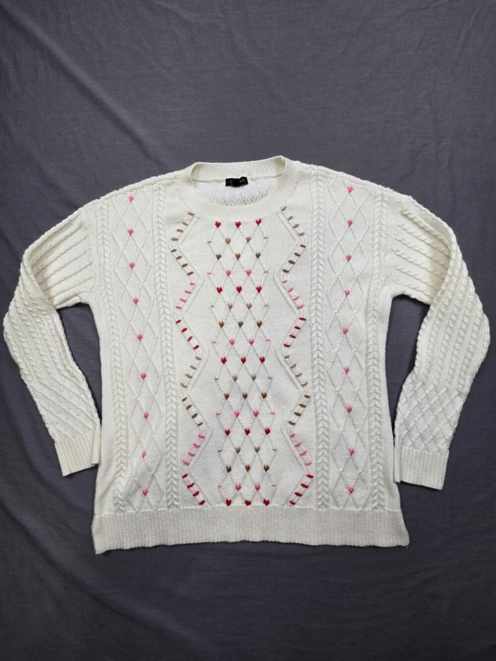 Talbots Small Sweater White w/ Hearts Cable Knit Argyle Pattern Crewneck